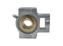 Front view of UCT207NPMZ2 35mm Wide Slot Take-Up Housing with Zinc-Plated Insert, Set-Screw Lock, Nickel-Plated Cast Iron Body, and Grease Port