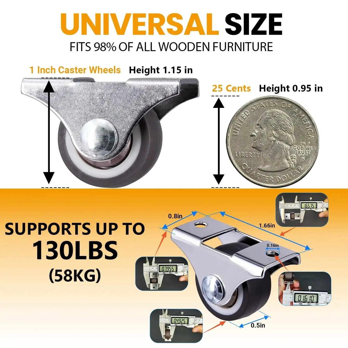 Mini Fixed Casters Set Of 4 With Rubber Wheels And Bearings 130 Lbs Capacity Quiet Smooth Rolling Heavy Duty Steel Frame Easy To Install Perfect For DIY Projects Small Furniture Or Wardrobe Doors shown with size comparison to a quarter and load capacity labeled at 130 lbs.