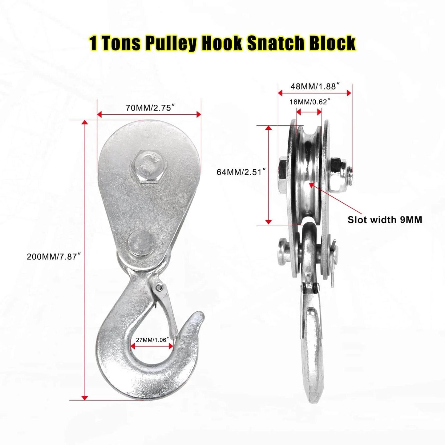 Pulley Hook (1Tons/2,200 LBS) Snatch Block with Hook Heavy Duty Pulley Lifting Block Hoist with Hook for 3/8 inch Cable
