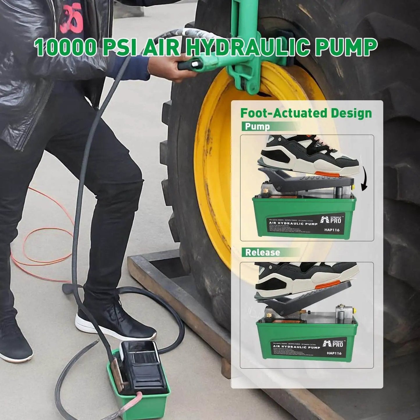 Person using Powerful 10,000 PSI Air Hydraulic Pump with 1.6L reservoir and foot pedal for a tire on heavy machinery.