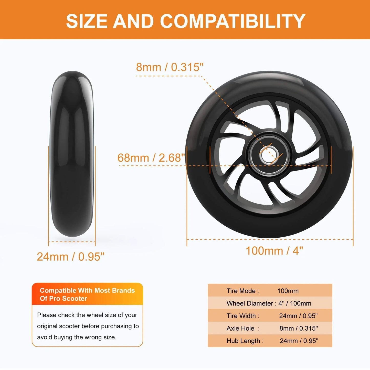 Size and compatibility guide for 100mm Pro Scooter Replacement Wheels with Aluminum Alloy Rim Anti Lock Bearings and 88A PU Tires Black