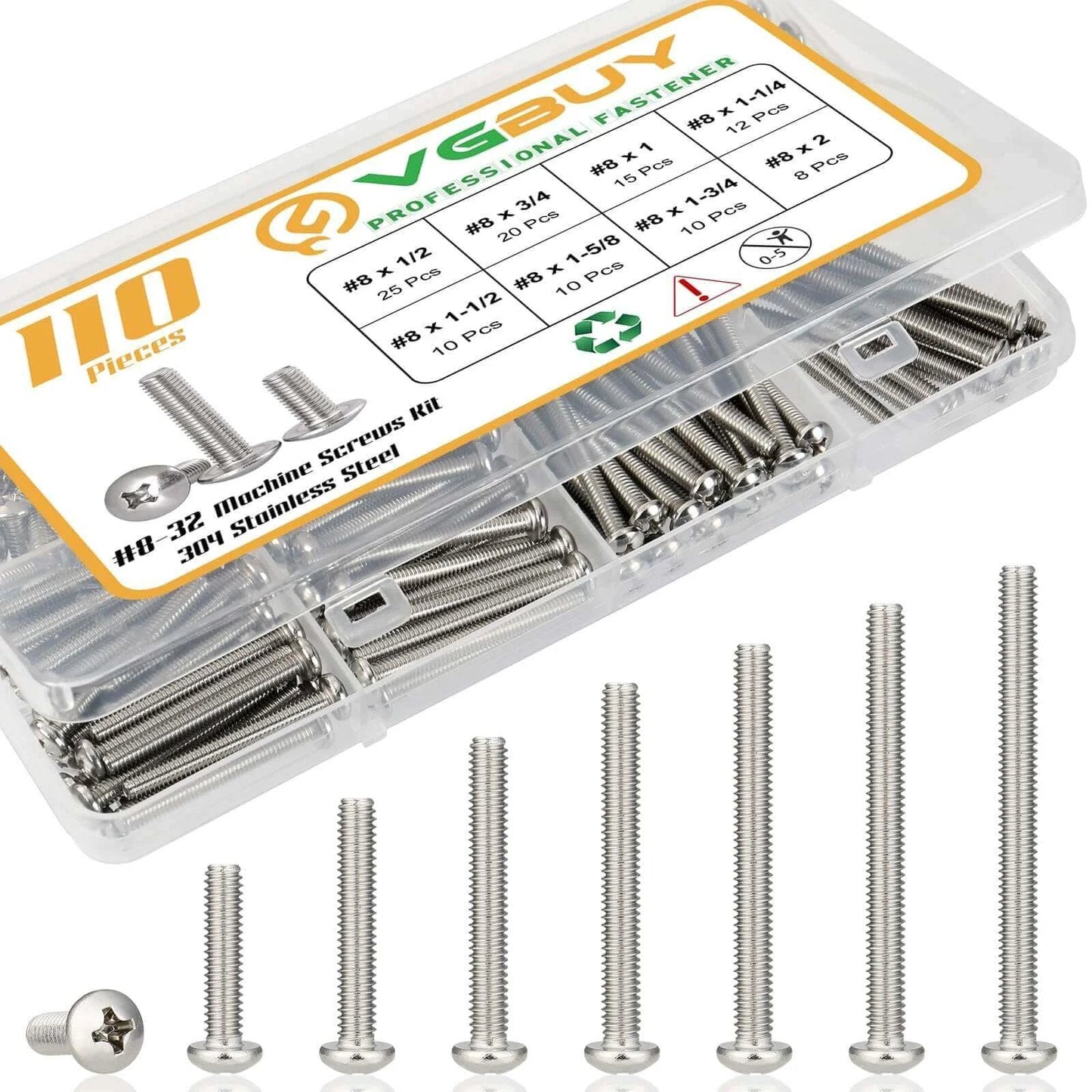 110 Pcs #8-32 Machine Screws Assortment Kit with Phillips Pan Head 304 Stainless Steel Screws in Lengths from 1/2 to 2 Inches for Electrical Wall Sockets Outlets and Household Repairs