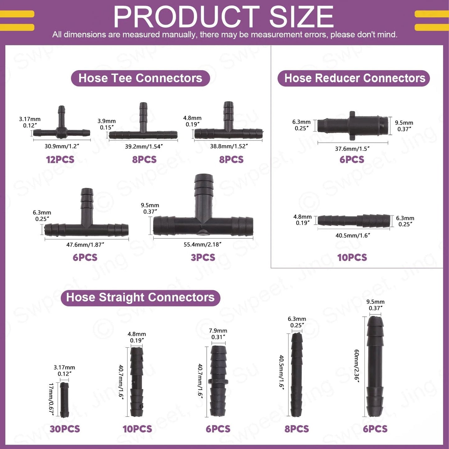 113Pcs Vacuum Connector Kit With Tee Reducers And Straight Hose Connectors For Replacing Vacuum Hoses In Your DIY Setup, Includes product size chart.