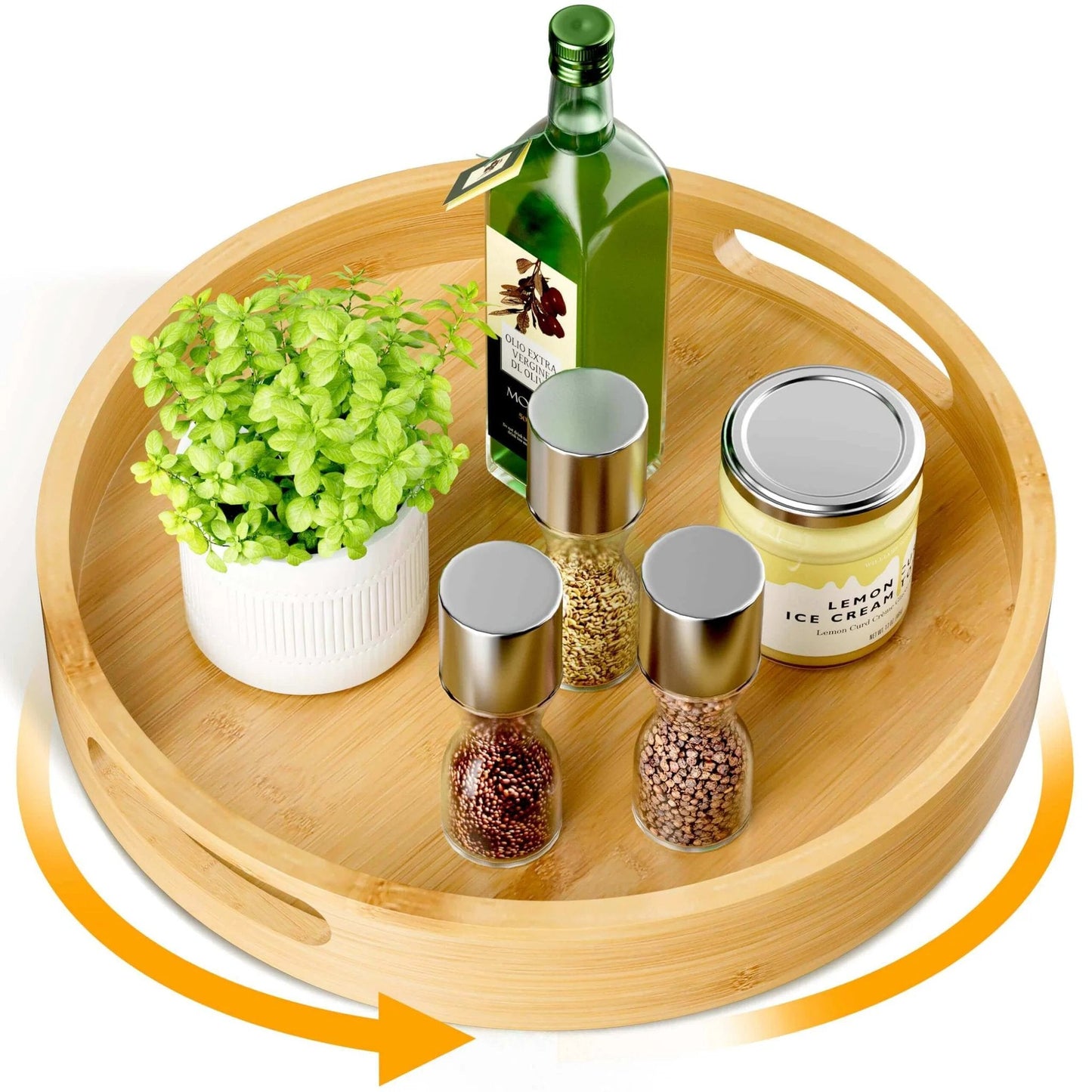 12 inch bamboo lazy susan organizer with handles, non skid rotating spice rack designed for kitchen cabinets and countertops