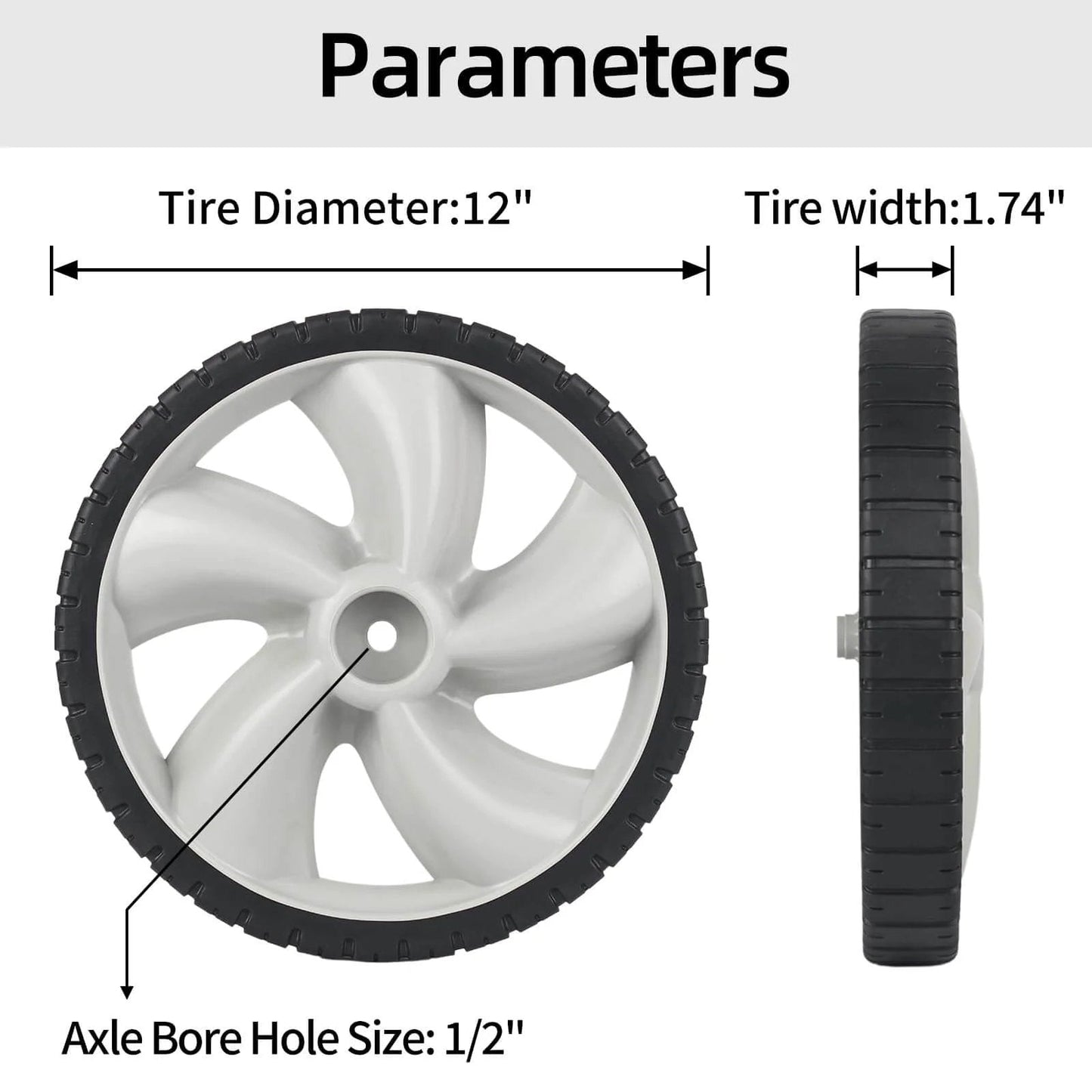 12 Inch Rear Lawn Mower Wheels Replacement for Arnold 490-324-0002, side and front view showing size and hub details