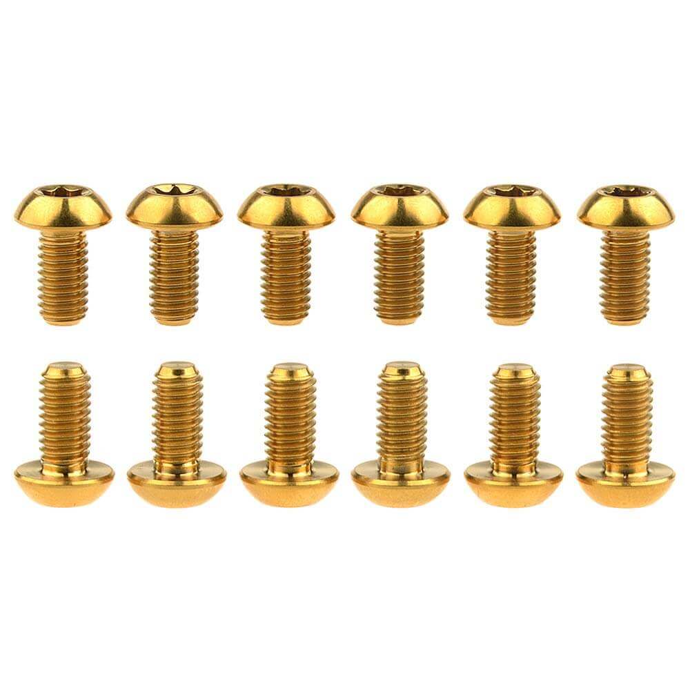 12 Pcs M5x10 Titanium Torx Bolts for Bicycle Disc Brake Rotors Made from Grade 5 6AL 4V Titanium Alloy Featuring T25 Torx Head Lightweight High Strength Gold Finish Compatible with Most Bike Disc Brake Systems