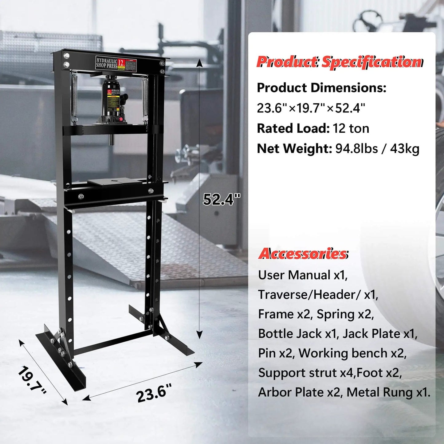 12 Ton Hydraulic Shop Press H Frame With Adjustable Floor Stand For Auto Shop Use Includes Stamping Plates With specifications shown.