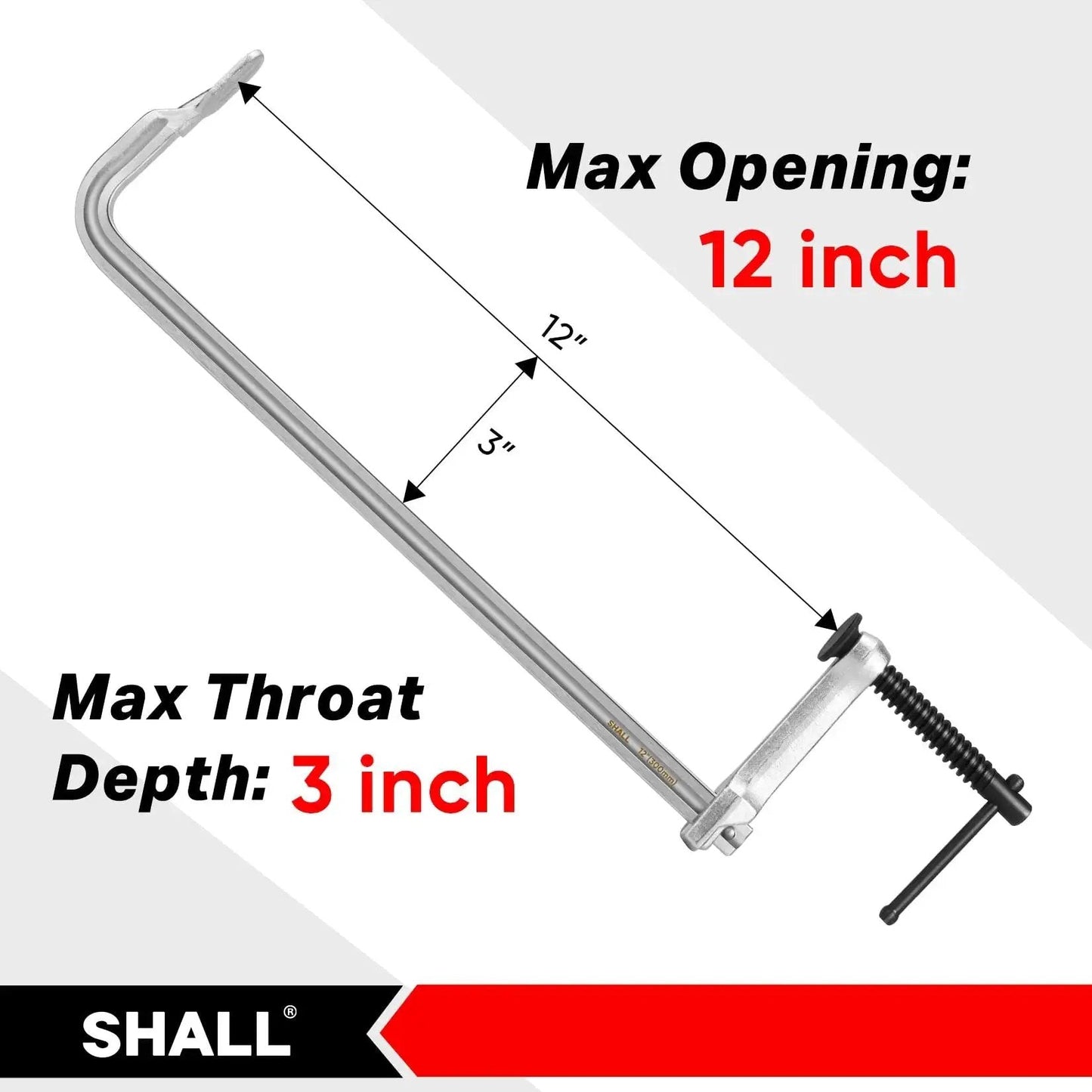 Image showing dimensions of 4 Pack 12 Inch Bar Clamps Set With Drop Forged Steel Construction 3 Inch Throat Depth And 450 Lbs Load Capacity.