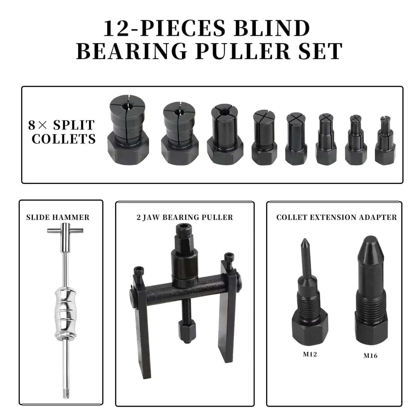 12pcs Blind Hole Bearing Puller Set Internal Bearing Extractor Puller Kit with slide hammer, split collets, and accessories