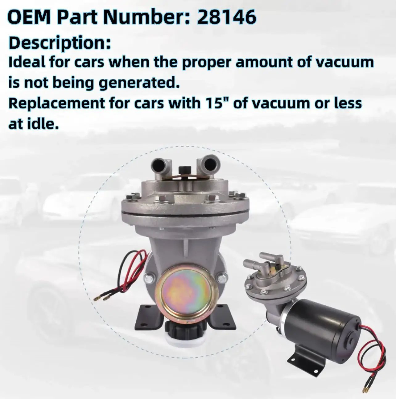 12 Volt Electric Vacuum Pump Kit For Brake Booster Replacement with OEM Part Number 28146 displayed on installation background