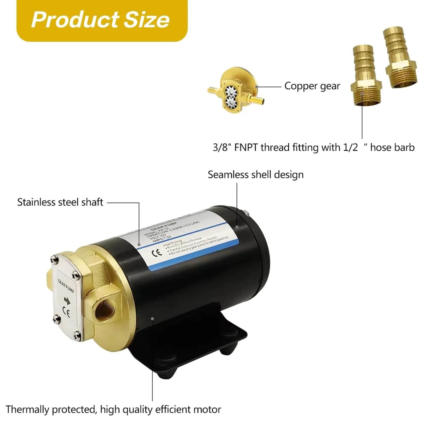 12V Gear Pump-3.2 GPM Self-Priming Impeller Oil Transfer, copper gear, stainless steel shaft, FNPT thread fitting, hose barb