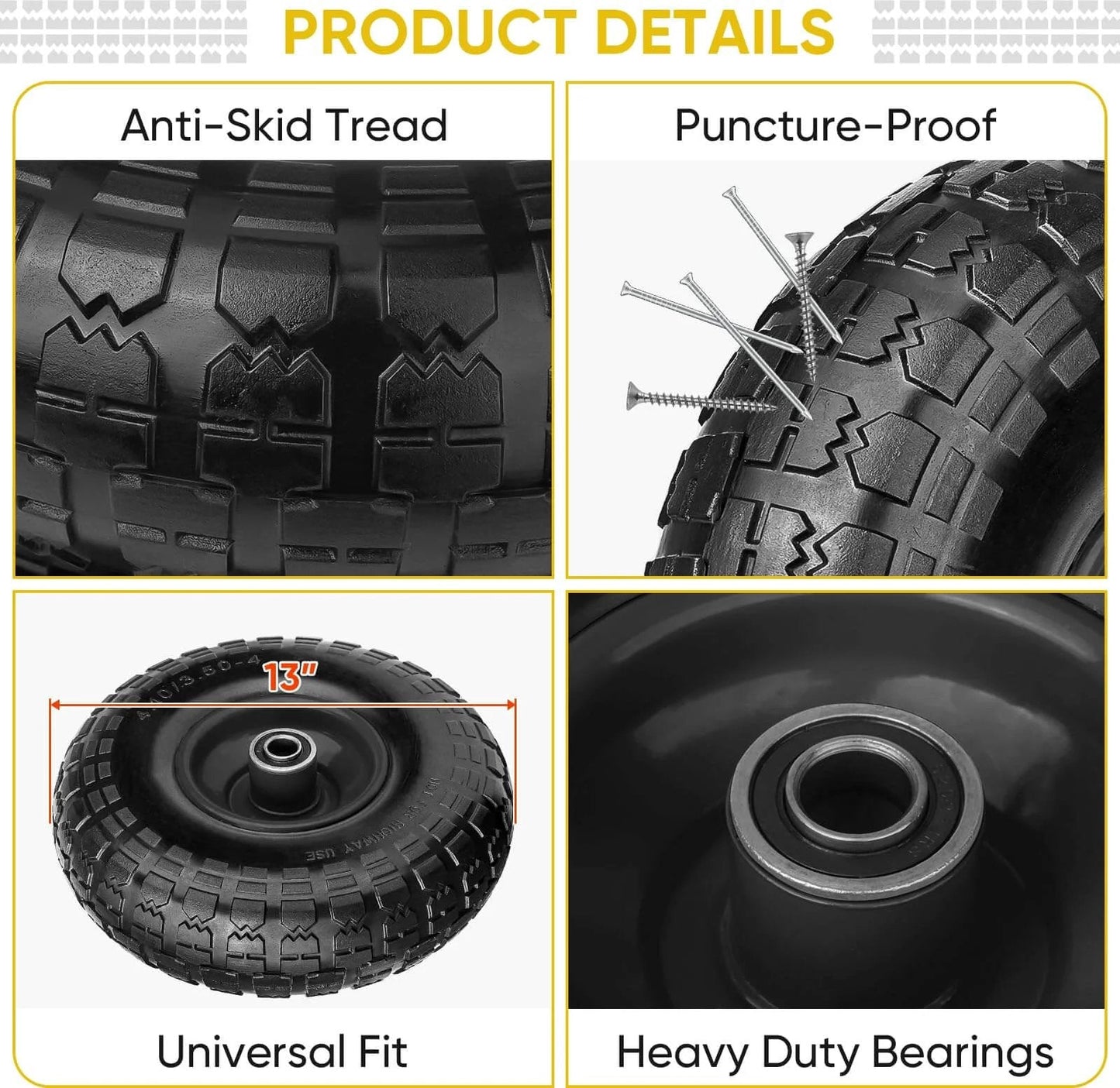 4.00-6 Flat Free Tire and Wheel Set, 13 Inch Solid Tires 4 Pack with 5/8 Inch Axle Bore and Double Sealed Bearings, Black product details