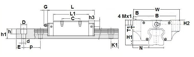 15mm 60 Long square rail - one block