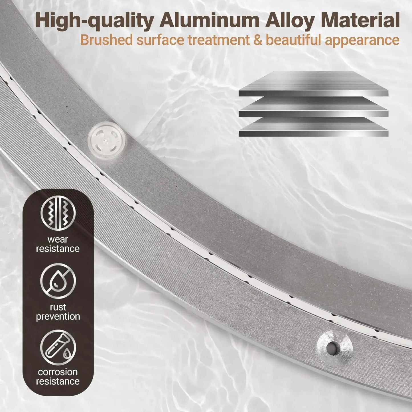 Close-up of an 18 inch aluminum alloy lazy Susan bearing rotating turntable with non slip quiet metal bearing swivel, heavy duty.