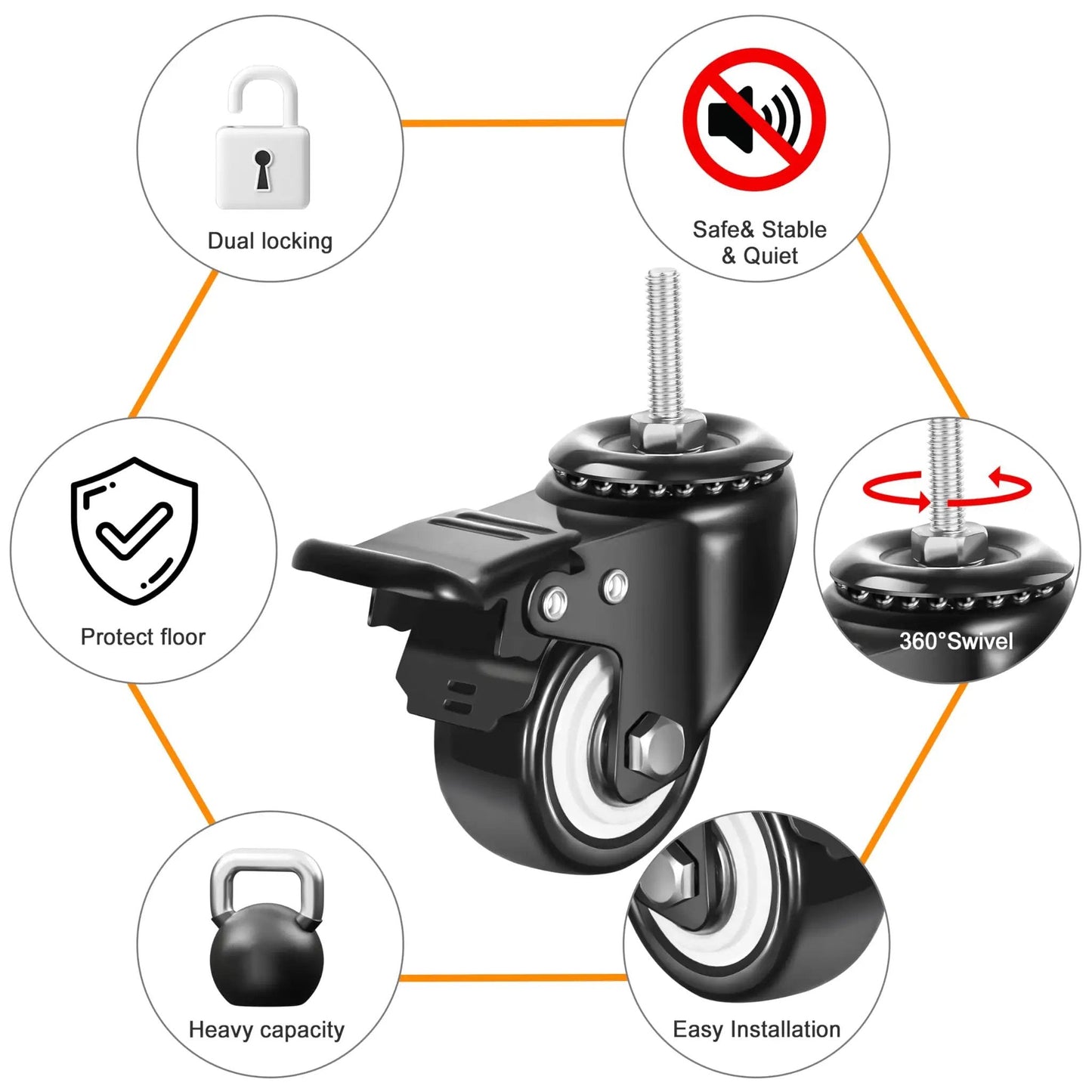 2 Inch Swivel Stem Wheels One Quarter Twenty Threaded Stem Caster Imperial Threaded Stem Mute No Noise Premium PU Wheel
