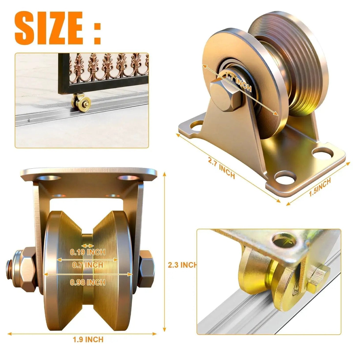 2 Inch V Groove Sliding Gate Wheels Heavy Duty Rigid Casters For Inverted V Track Rails, size dimensions illustration