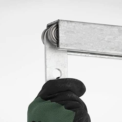 2 Wheel Trolley Assembly Rollers with Dual Bearings for 1-5/8 Inch & Taller Strut Channel in use, heavy duty galvanized steel