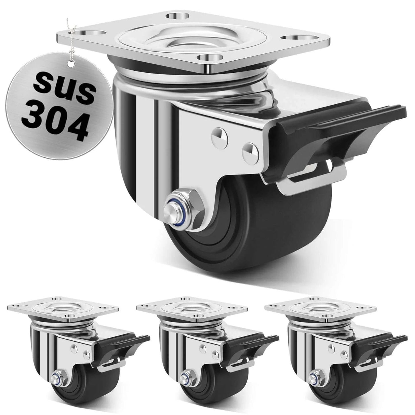 2.5 inch heavy duty stainless steel low profile caster wheels made from SUS 304, industrial grade casters with brakes in a 4 pack