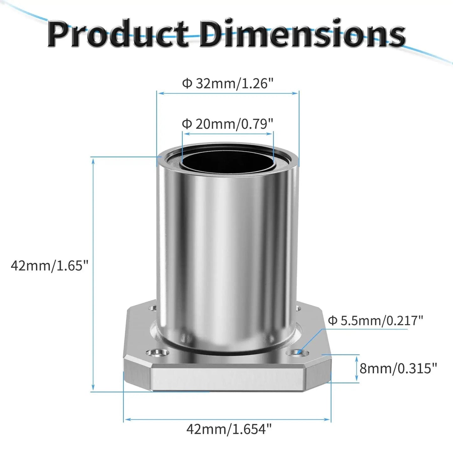 Double-Seal 20mm ID Linear Bearing with Square Flange dimensions showing 42mm height and 32mm outer diameter