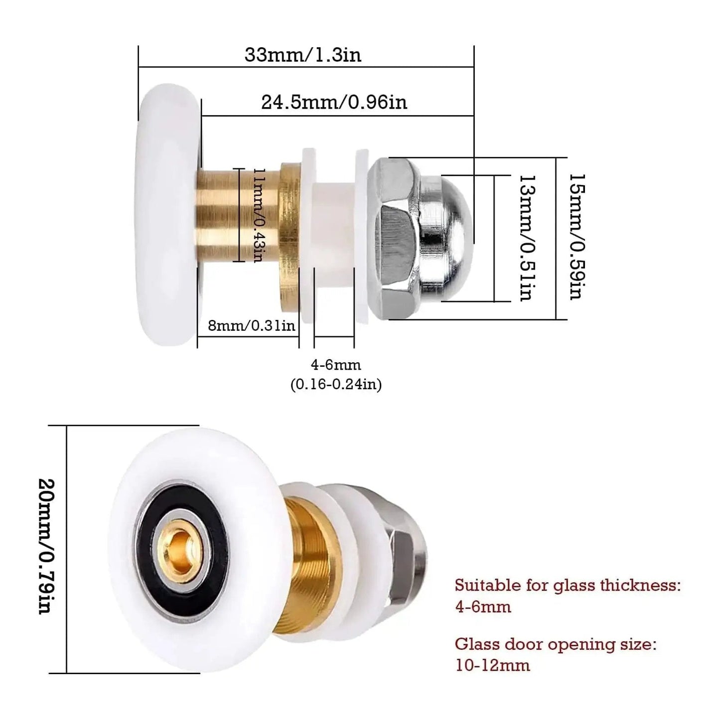 Side and close-up view of 4 Pcs Shower Door Rollers Set 20mm Diameter For Glass Sliding Doors Replacement with measurements.