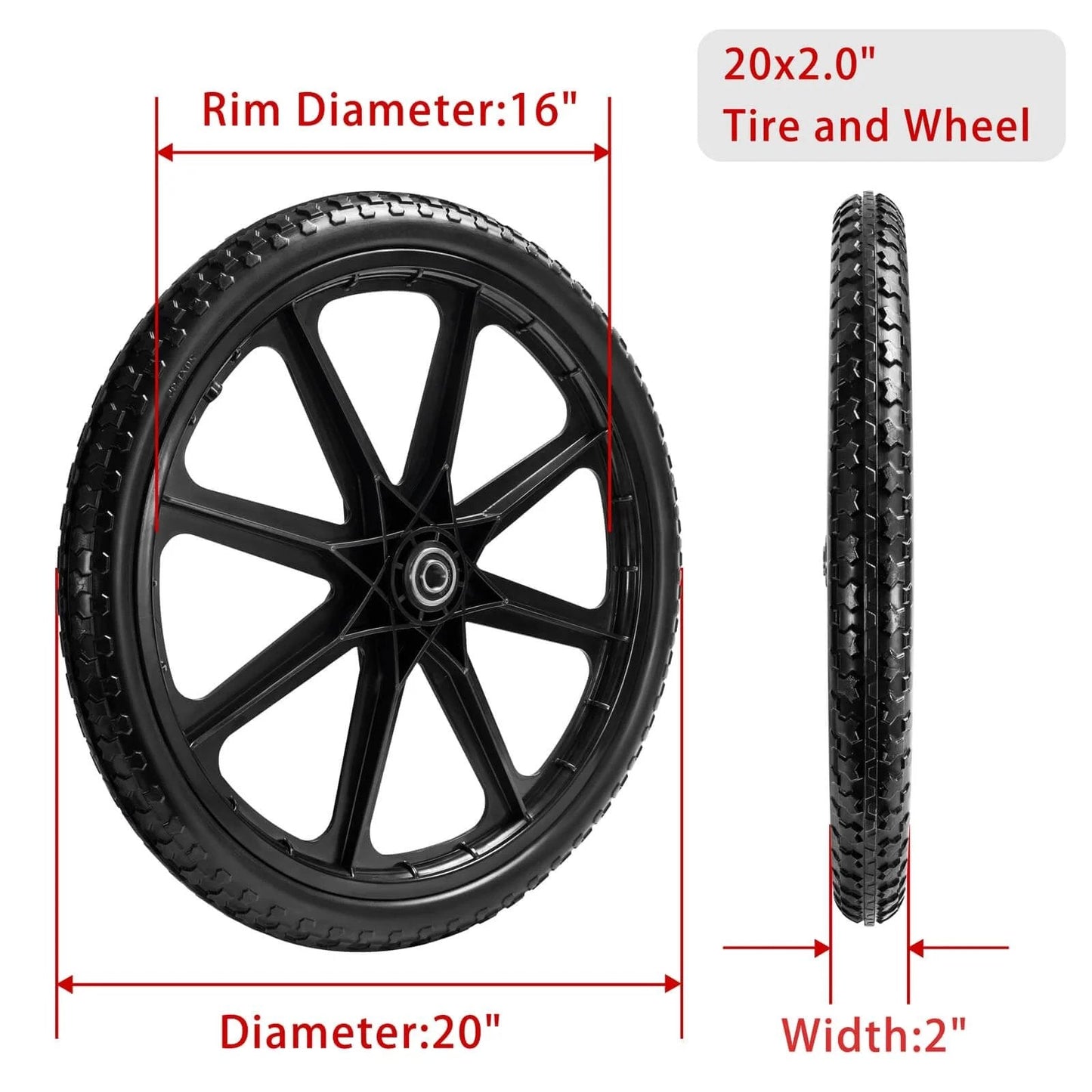 20 Inch Flat Free Tire Cart Wheels Replacement, Solid Rubber Wheel 20x2.0 with rim diameter 16 inches, side view.