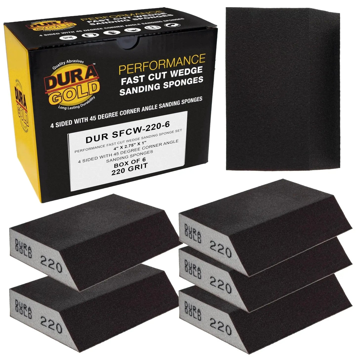 Box of 6 220 Grit Four Sided Sanding Block Sponges with Angled Edge; shown with individual sponges for automotive or woodworking use.