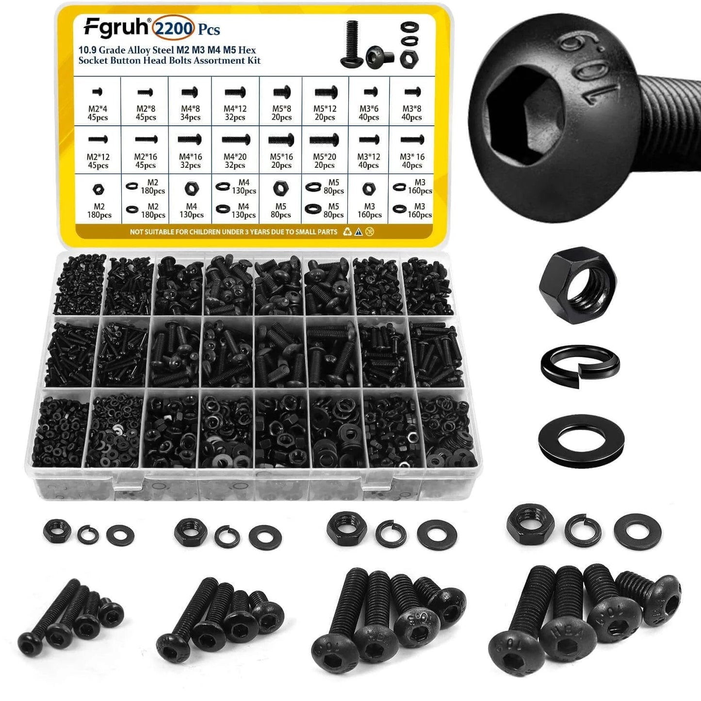 2200 Pcs Metric Screws Assortment Kit with M2 M3 M4 M5 Hex Socket Button Head Machine Screws Nuts and Washers Made from 10.9 Alloy Steel Black Zinc Plated for 3D Printing DIY and Repairs