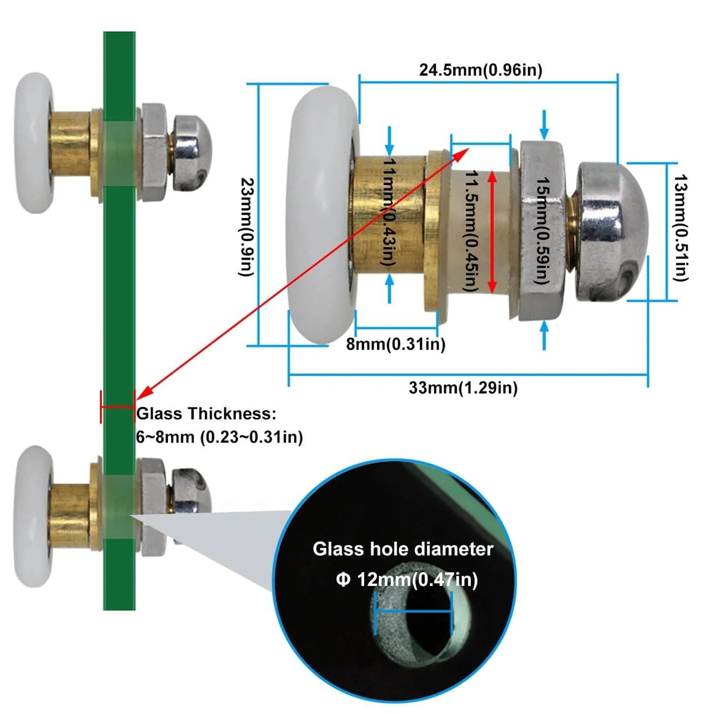 Diagram showing dimensions of 23mm Shower Door Rollers Replacement 4PCS Set for Bathroom Glass Sliding Doors, detailing thickness and hole size.
