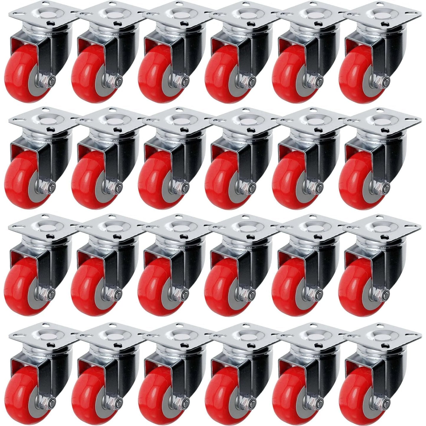 24 pack 2 inch swivel plate caster wheels with red polyurethane, no brake casters designed for furniture and carts