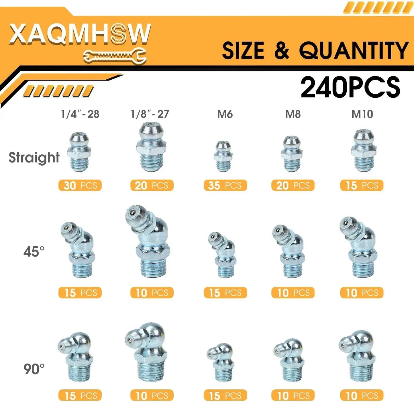 One-Stop 240-Piece Grease Fittings Set For SAE And Metric Zerk Nipples with various sizes and angles displayed