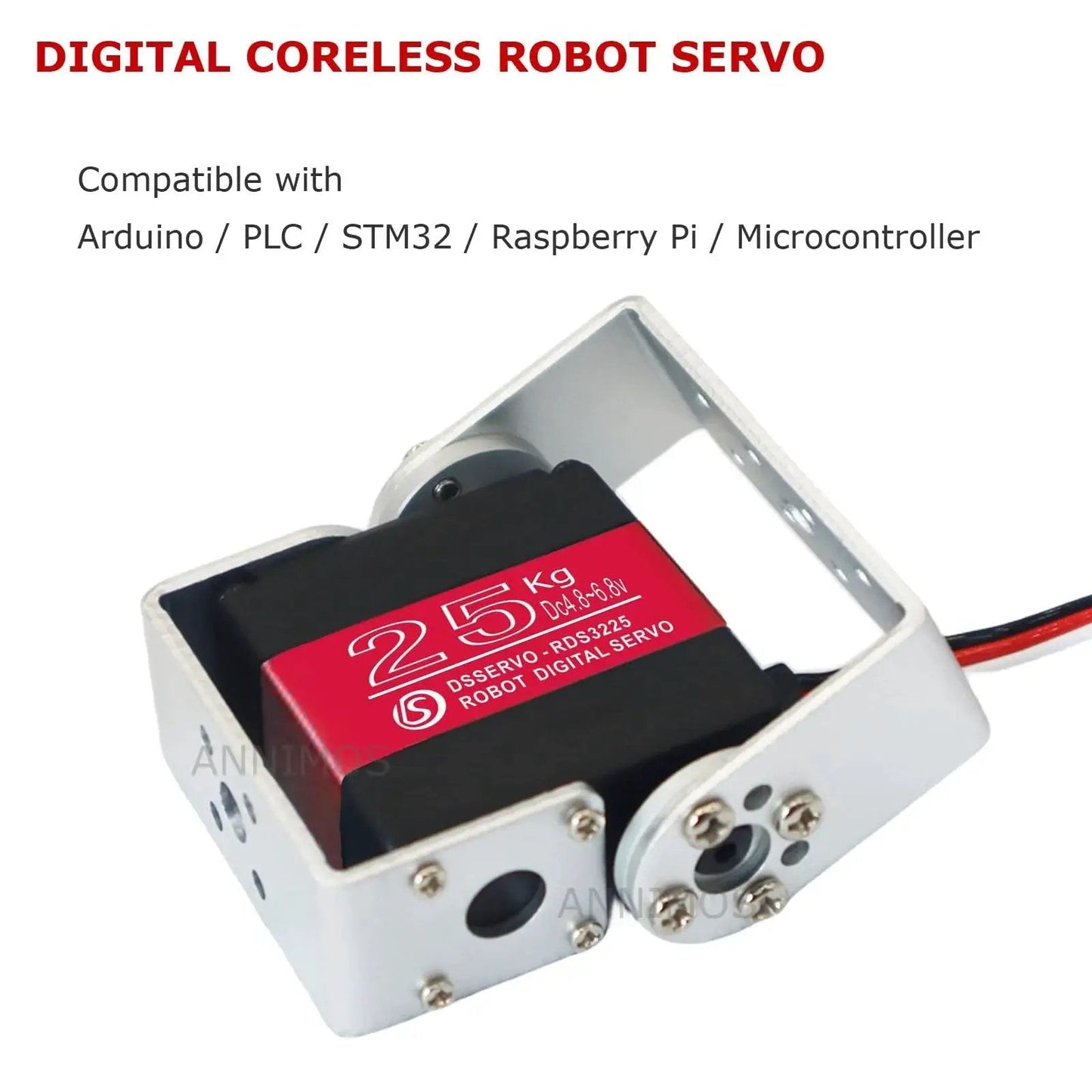 25 Kg High Torque Full Metal Gear Digital Servo Motor with mount brackets, view showing CNC aluminum shell and wires.
