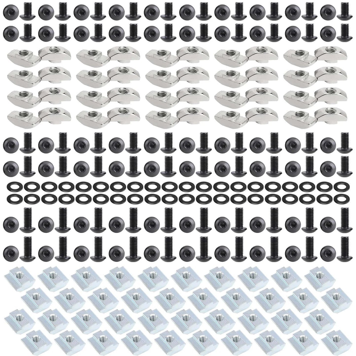 280 Pcs M5 T-Nut and Screw Kit for 2020 Series Aluminum Extrusion, made from carbon steel for 6mm T-slot profiles, including M5 hex socket screws in 8mm, 10mm, and 12mm lengths, M5 T sliding nuts, standard M5 T nuts, and washers in a black finish.