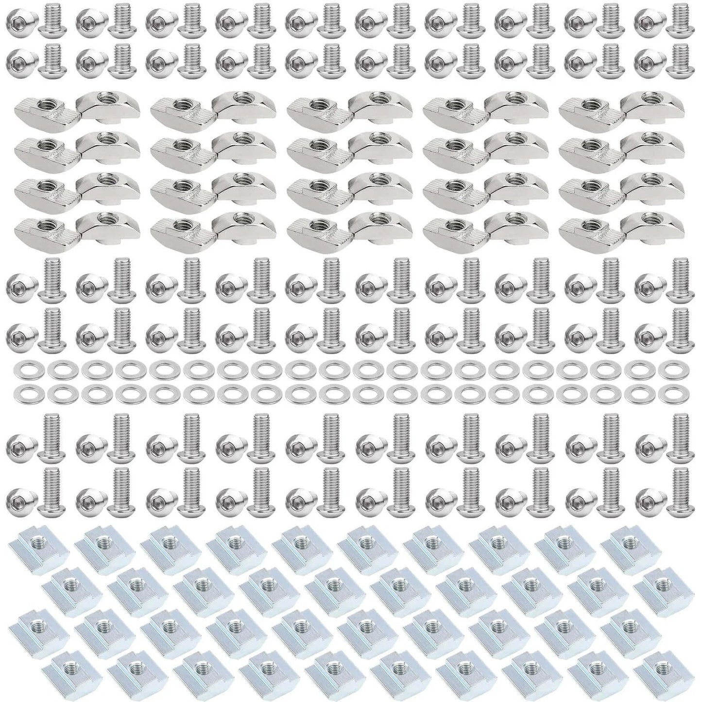 280 Pcs M5 T-Nuts and Screws Kit for 2020 Series Aluminum Extrusion, built from carbon steel for 6mm T-slot profiles, including M5 hex socket screws in 8mm, 10mm, and 12mm lengths, M5 T sliding nuts, standard M5 T nuts, and washers in a silver finish.