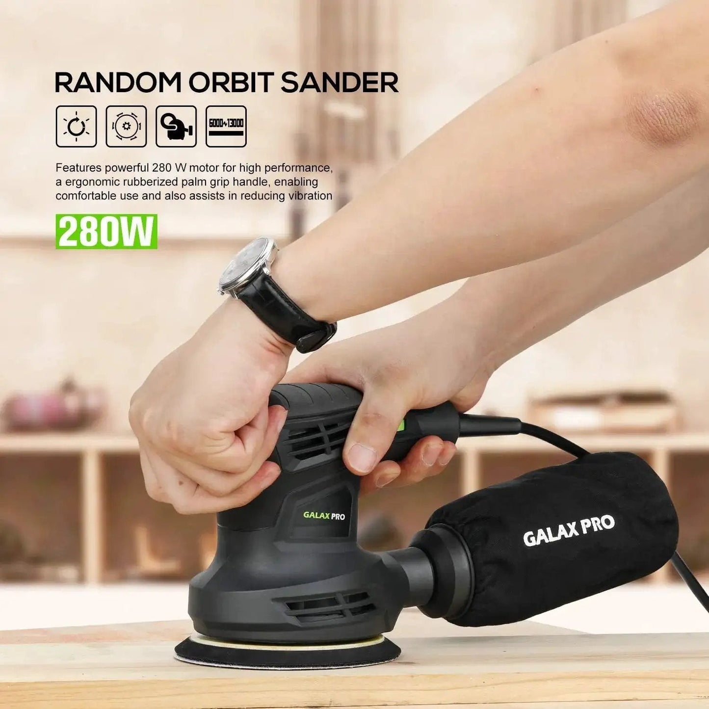 280W Orbital Sander 13000 RPM With Dust Collection And 15 Discs in use, showing ergonomic grip and dust bag attachment.
