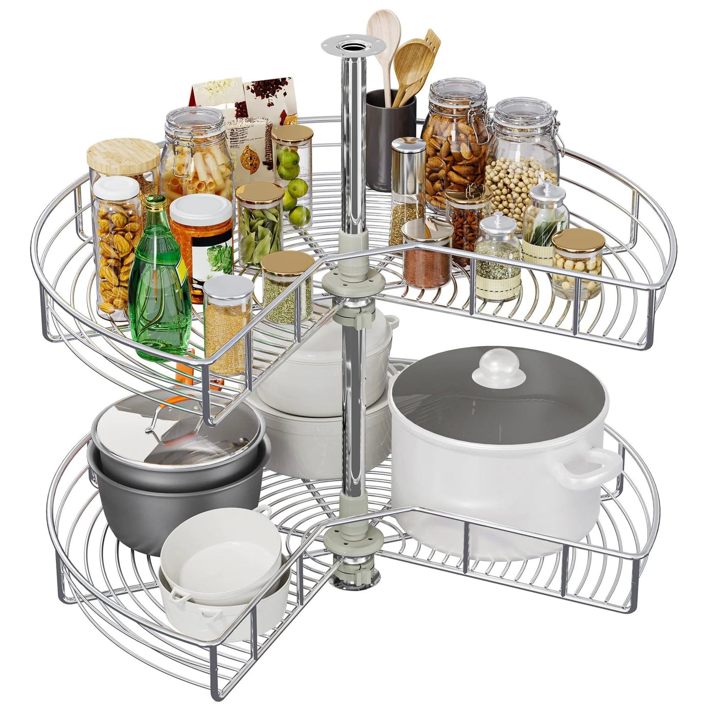 28 Inch Kidney Shaped Chrome Pie Cut Lazy Susan Corner Organizer For Kitchen Base Cabinets With 270 Degree Rotation And Telescoping Mount Two Shelf Blind Corner Storage For Pots Pans Lids And Containers