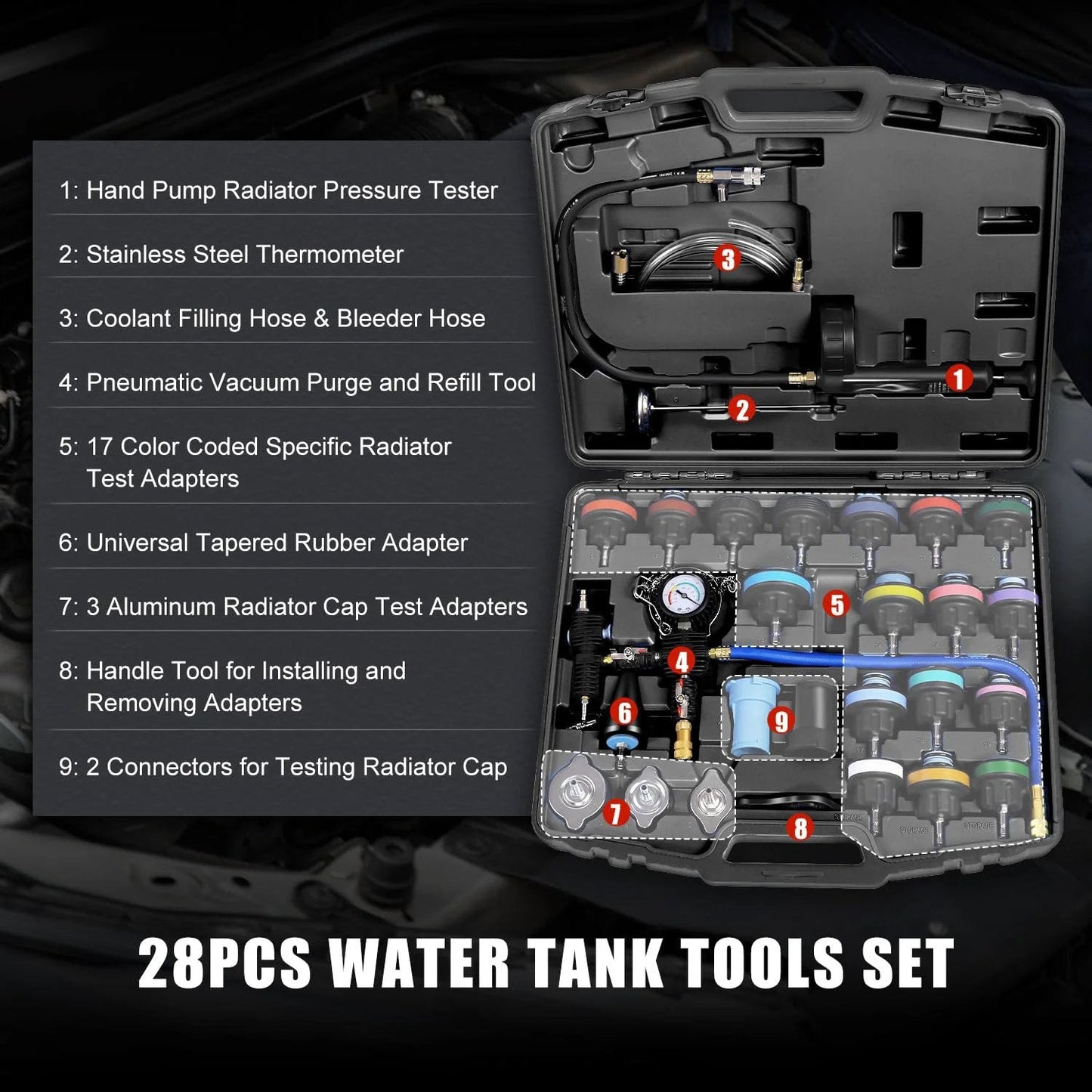 28 Piece Radiator Pressure Tester And Vacuum Refill Kit For Cooling System with adapters and tools in durable case.
