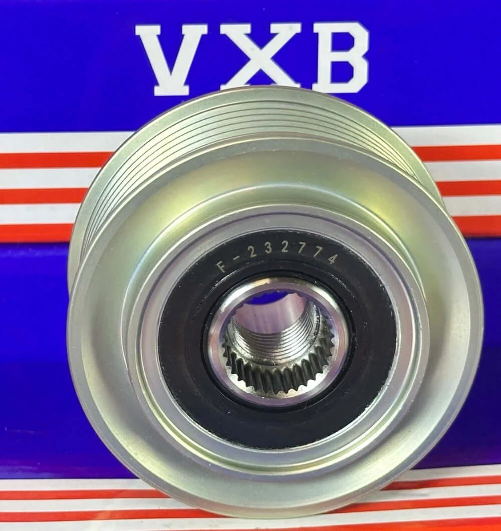 F-232774 Overrunning Alternator Pulley for Hyundai, front view showing metallic finish and central spline design.