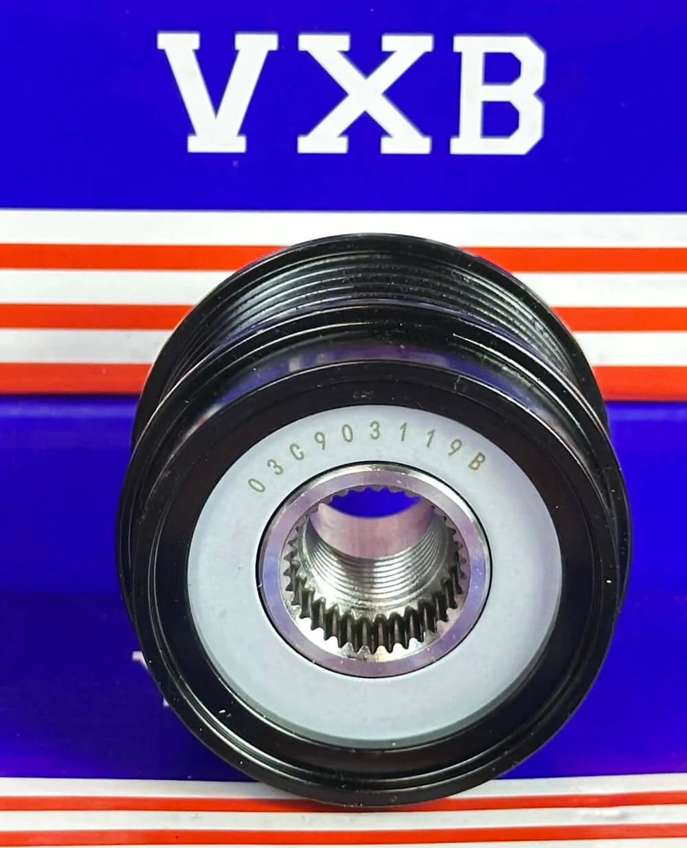03C903119B Alternator Pulley for Volkswagen, front view showing grooves and central spline, designed for VW alternator systems.