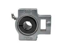 Front view of UET211NP 55mm Accu-Loc single wide take-up unit, nickel-plated cast-iron housing, ball insert, concentric locking collar.