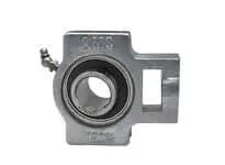 Front view of single 2 in ID wide slot take up housing with sealed ball insert, nickel plated cast iron, set screw locking, relubricatable contact seal.