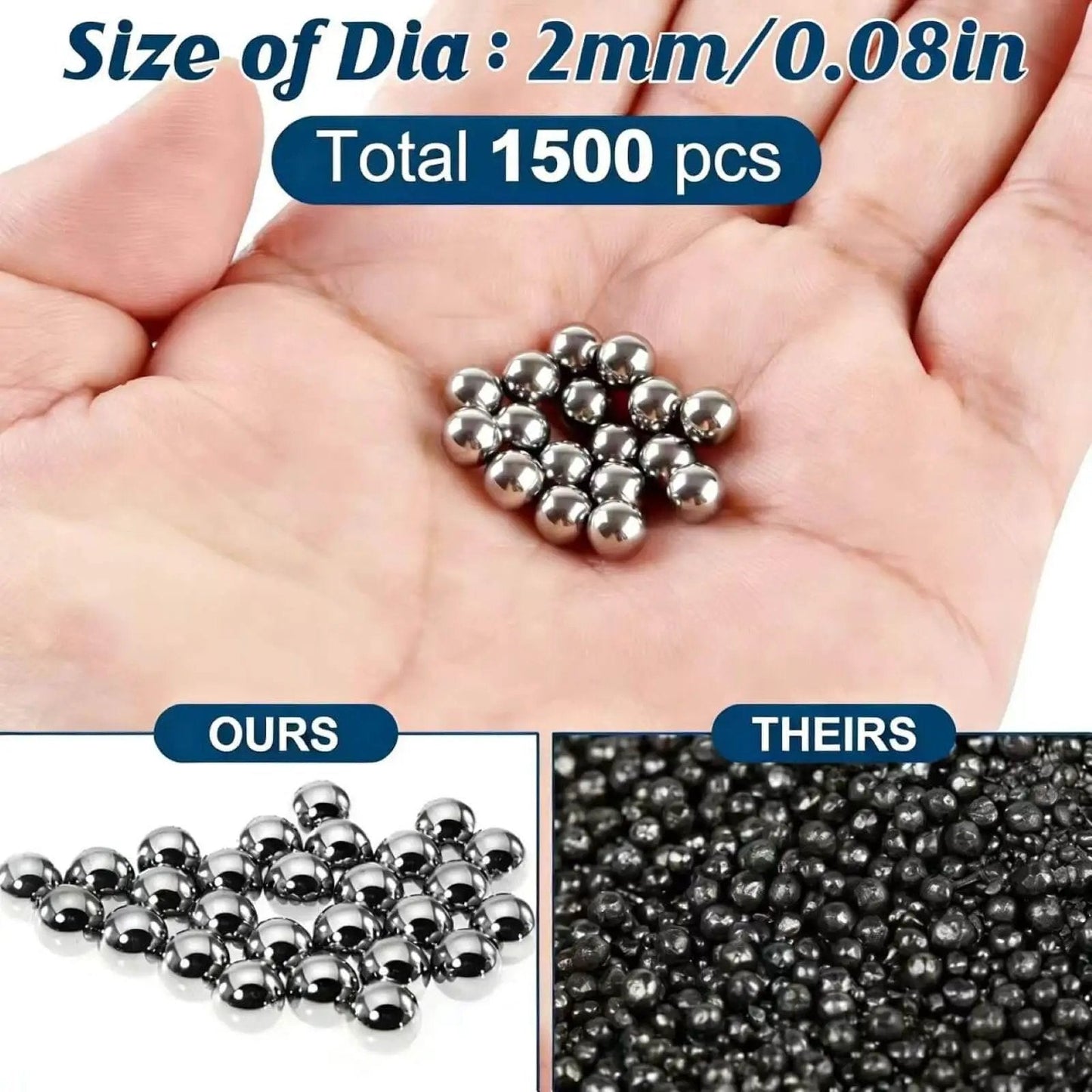 2mm Stainless Steel Precision Balls Set, 1500 Pcs of 304 Grade Bearing Balls in hand, size comparison ours vs theirs