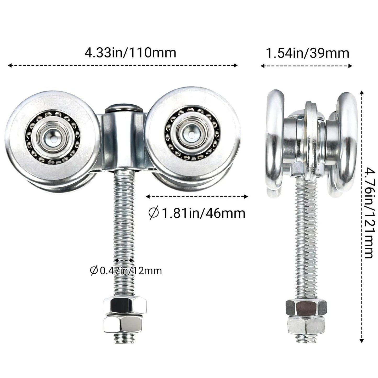 2Pcs Wheel Trolley Assembly Barn Door Rollers with dimensions for 1-3/4" wide and 2-1/4" tall rail hanging track.