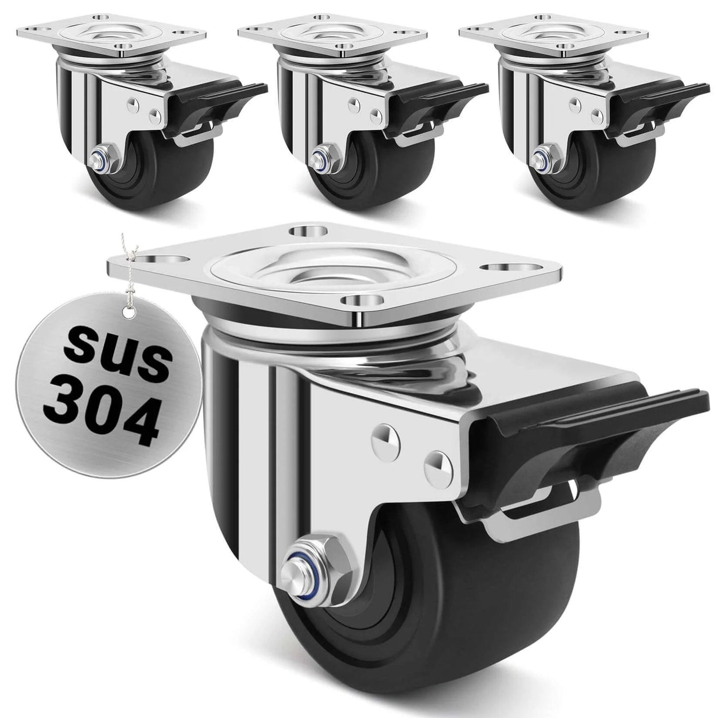 3 inch heavy duty stainless steel low profile caster wheels made from SUS 304, industrial casters with brakes and nylon wheels in a 4 pack