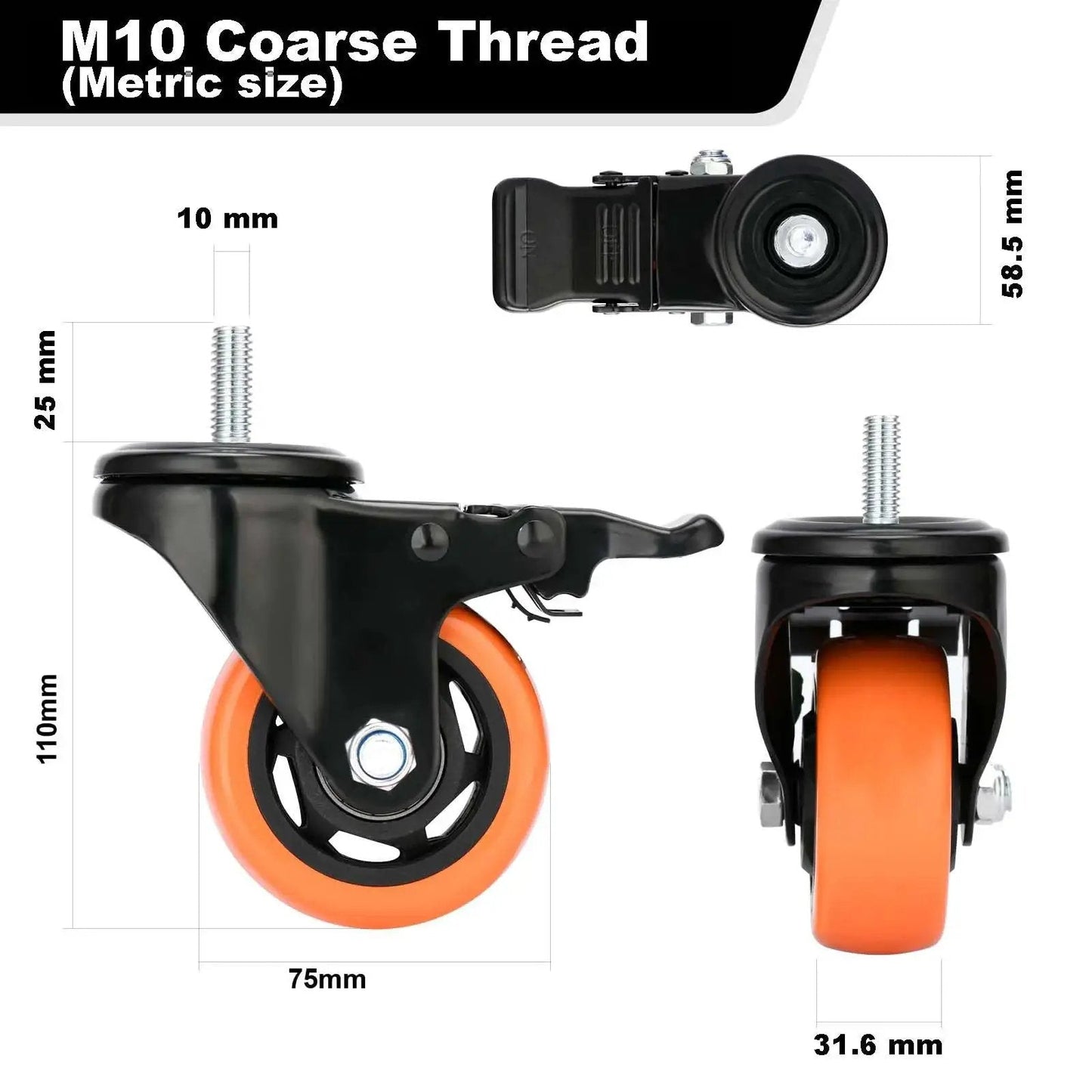 Three Inch Stem Caster Wheels Four Pack M10 1.5x25mm Threaded Stem Heavy Duty Swivel Casters With Safety Dual Locking Brakes side view