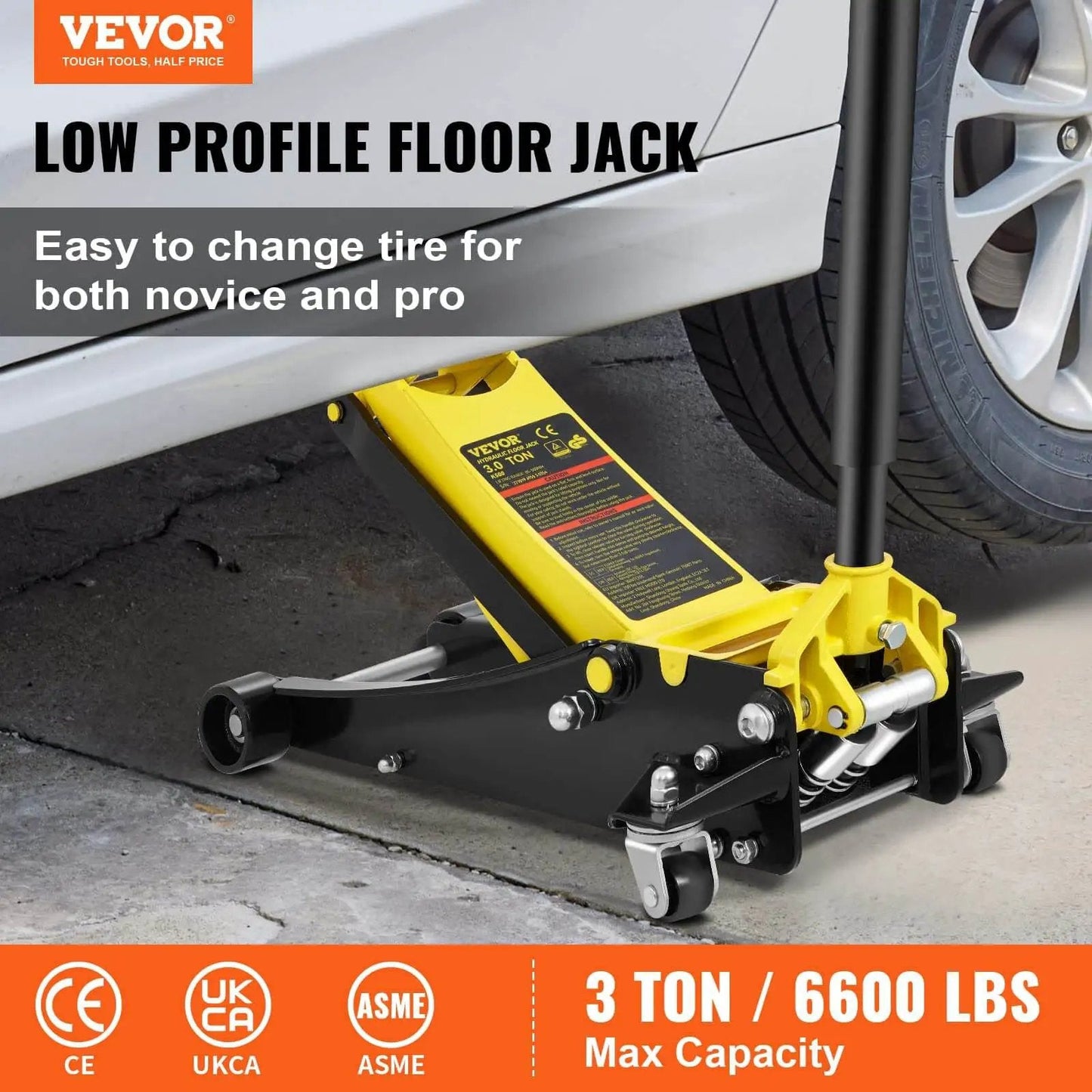 Three Ton Low Profile Floor Jack With Dual Pistons Quick Lift Pump Heavy Duty Steel Racing Jack in use under car