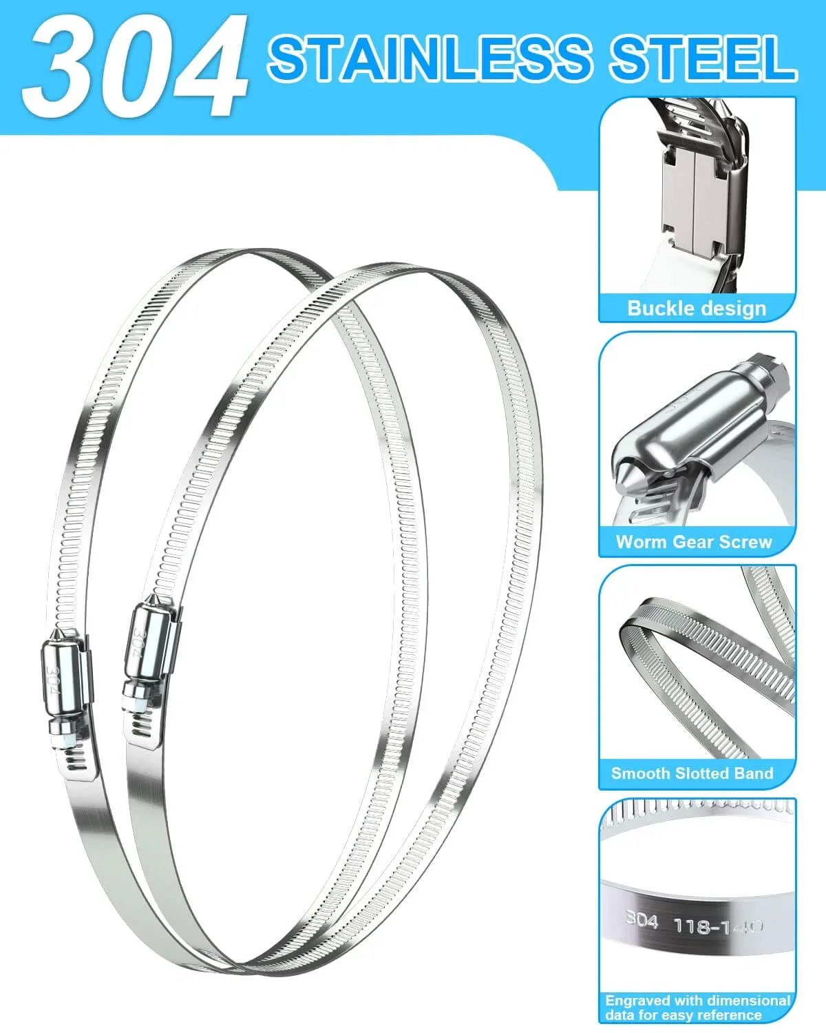 Hose Clamp Set Of Six 12 Inch 304 Stainless Steel Worm Gear Clamps For Fuel Lines Dryers Intercoolers Garden Water Piping Washing Machines And Automotive Plumbing 290mm To 310mm Clamp Size