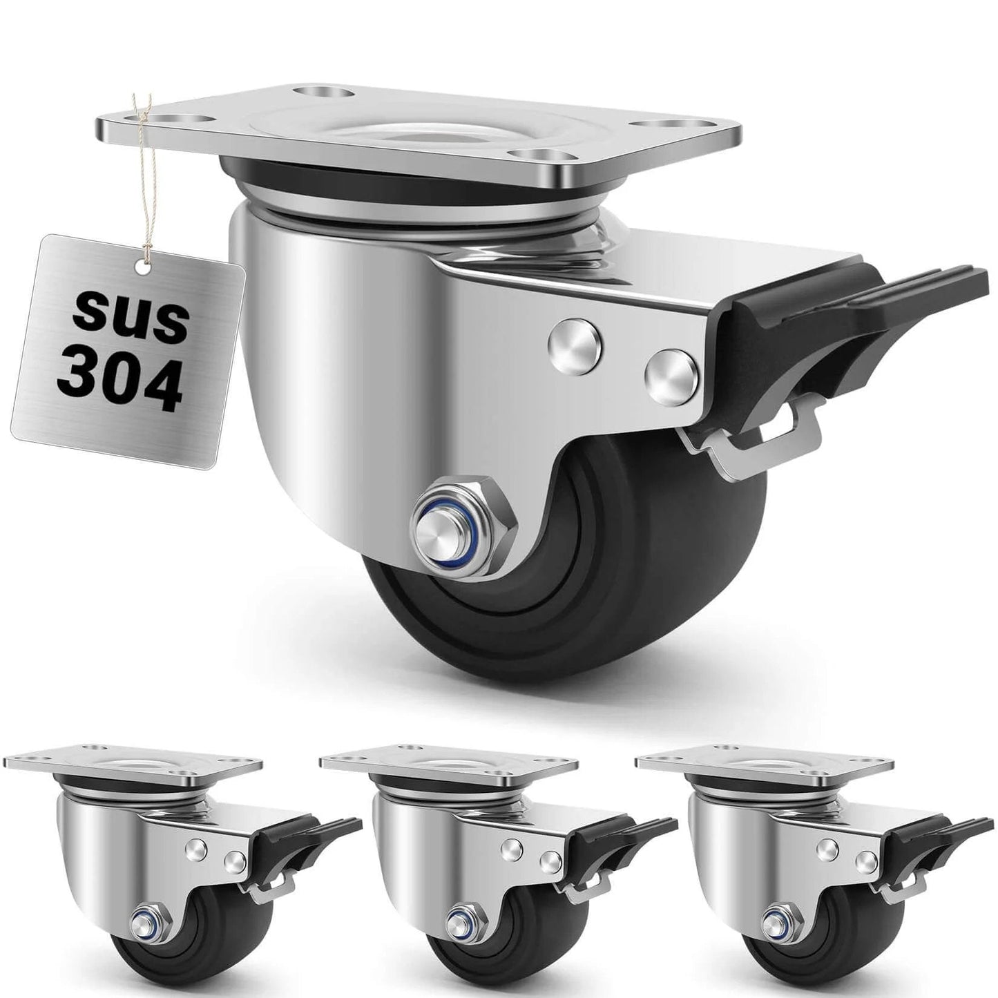 304 stainless steel heavy duty caster wheels with 2.5 inch swivel plate design, casters with brake rated 3300 lbs per set