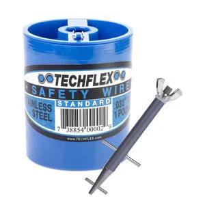 Ultimate Hose Clamp Kit For Custom Clamps And Emergency Repairs Clamptite CLT03 Four And Three Quarter Inch Stainless Steel Aluminum Tool With Wingnut And 1 Lb Safety Wire For Quick Field Fixes And Flexible Banding next to blue spool.