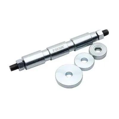 Swing Arm Bearing Tool with threaded press system and three machined bearing drivers for precise installation and extraction, hardened steel.