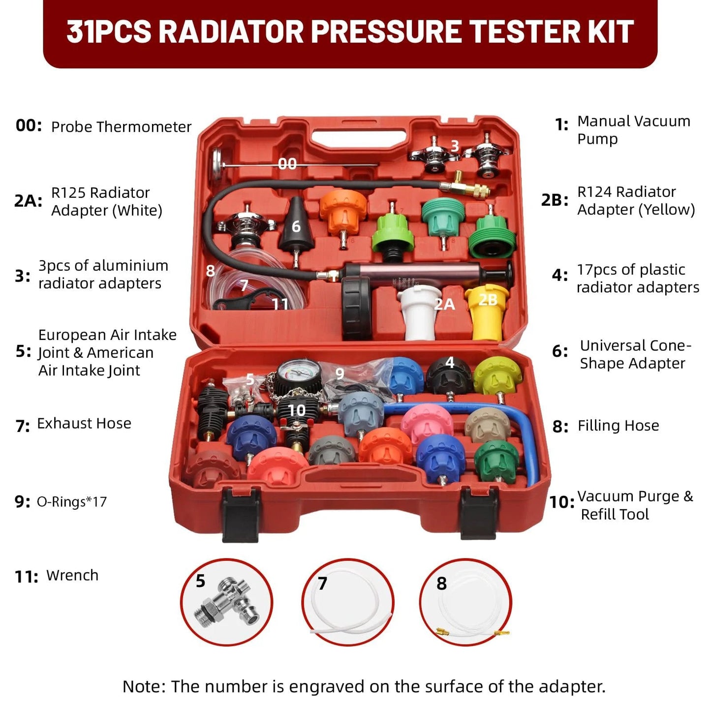 All In One Coolant Vacuum Refill Kit With 23 Radiator Adapters And Pressure Tester For Quick Radiator Service And Maintenance Includes Durable Aluminum Manual Vacuum Pump 21 Inch Hose And Three Inch Dial Gauge For Radiator Cooling System Testing HZAUTOS in red case showing 31 pieces including manual vacuum pump and various adapters.